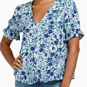 3/$10 Lucky Brand Blue and Green Ruffled Peplum Blouse